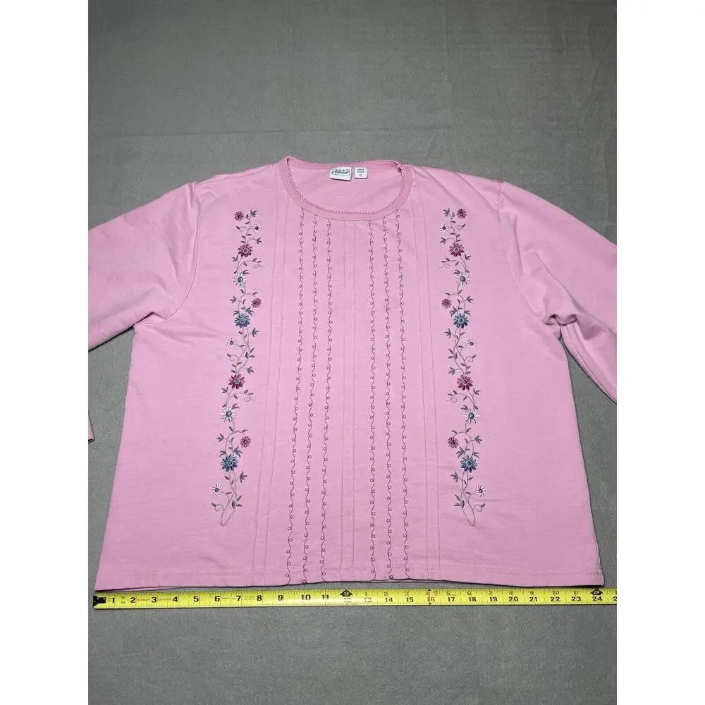 Womens XL Pink Embroidered Shirt 3/4 Sleeves Grandma Cottage Core Floral Cropped